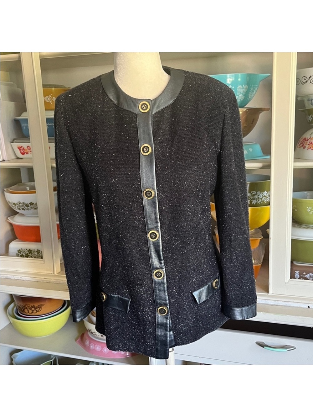 St. John Collection Black Tweed Jacket with Leather Accents - Size 8